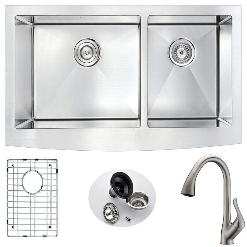 Elysian Farmhouse 36 in. Double Bowl Kitchen Sink with Accent Faucet in Brushed Nickel