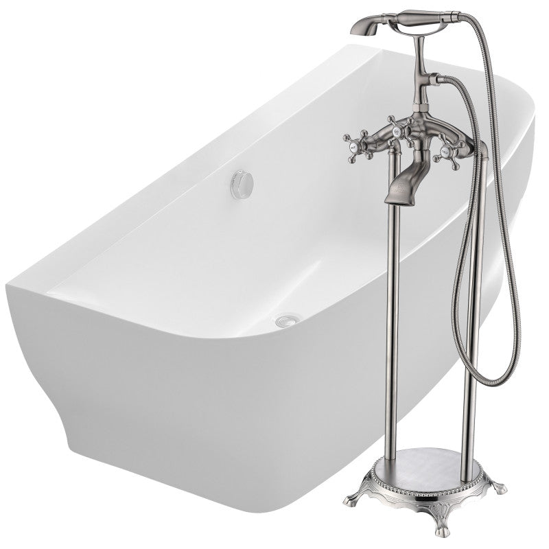 Bank 64.9 in. Acrylic Flatbottom Bathtub in White with Tugela Faucet in Brushed Nickel