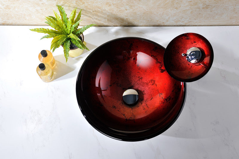 Marumba Deco-Glass Vessel Sink in Tempered Red and Black with Matching Chrome Waterfall Faucet