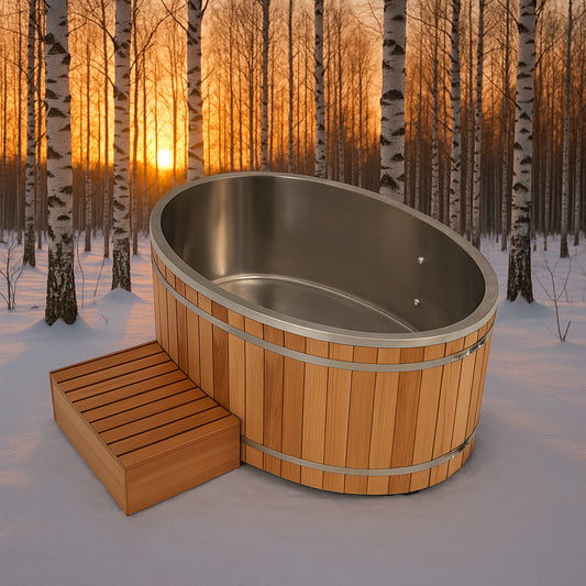 Luxury Cedar Oval Cold Plunge Tub with Stainless Steel Interior, Dual Covers, Easy Drainage, Steps & Headrest Included