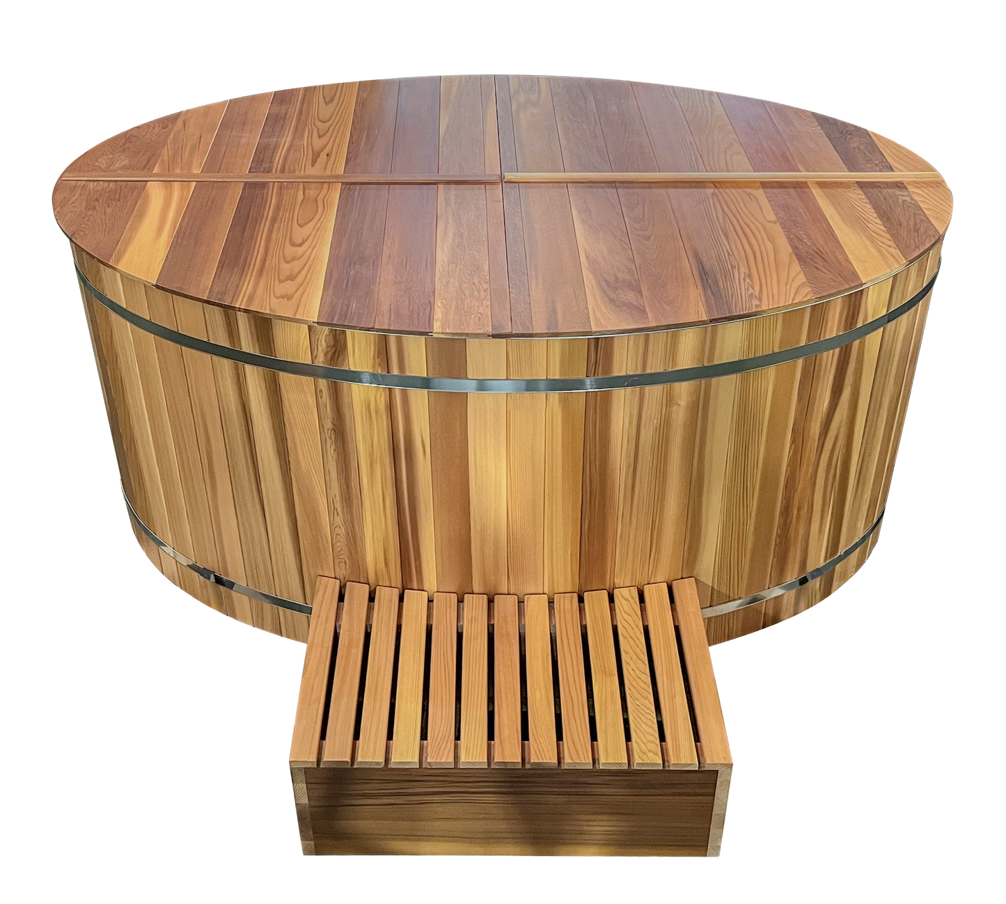 Luxury Cedar Oval Cold Plunge Tub with Stainless Steel Interior, Dual Covers, Easy Drainage, Steps & Headrest Included