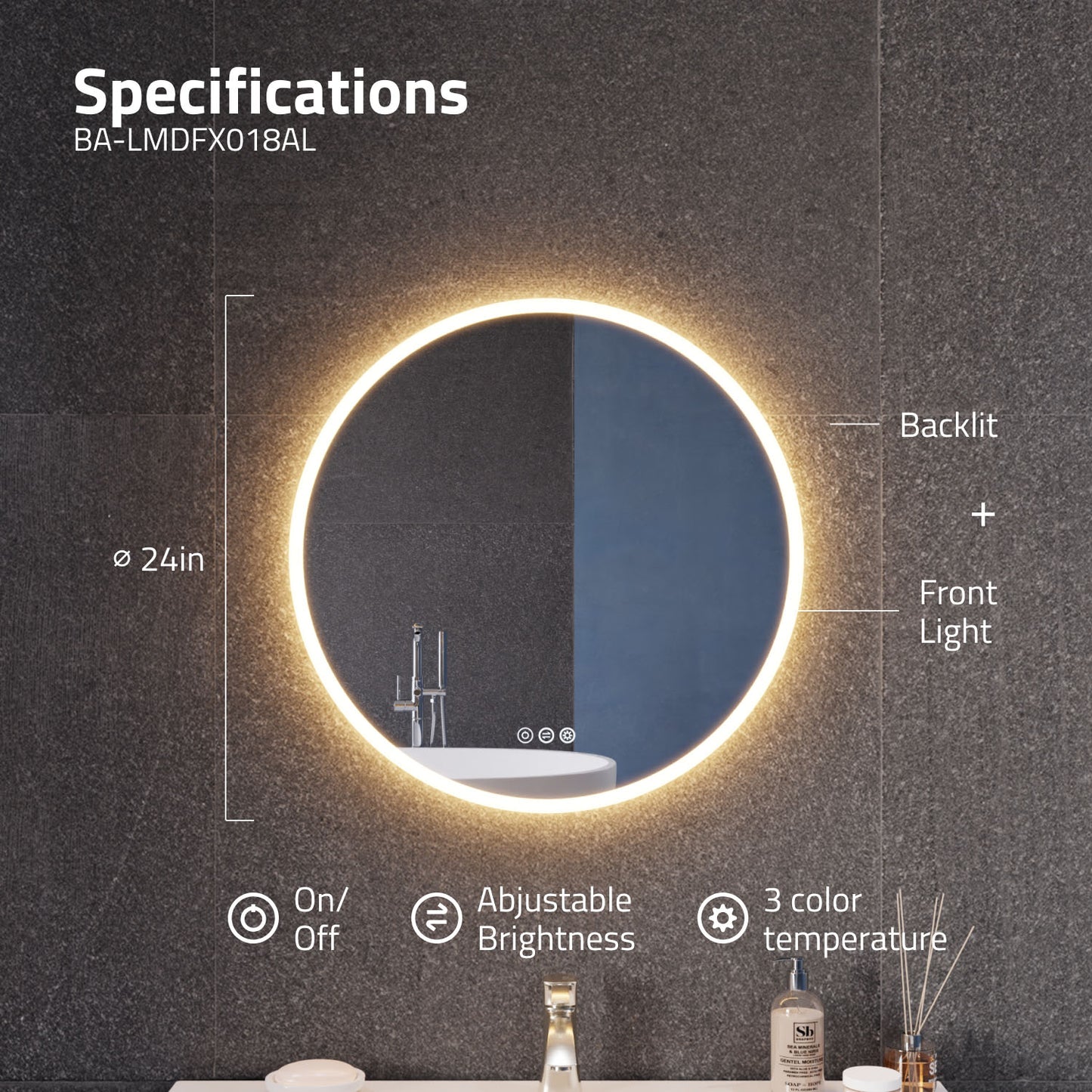 24-in. Diam. LED Front/Back Lighting Bathroom Mirror with Defogger