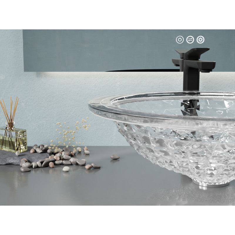 Diamante Round Clear Glass Vessel Bathroom Sink with Faceted Pattern