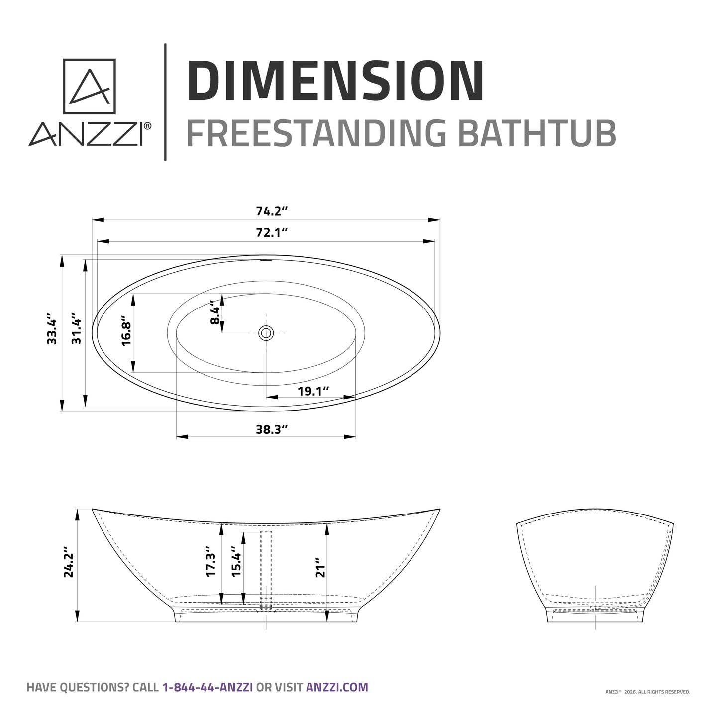 Masoko Series 74 in. x 34 in. Flat Bottom Solid Surface Freestanding Soaking Bathtub with Center Drain in Matte White