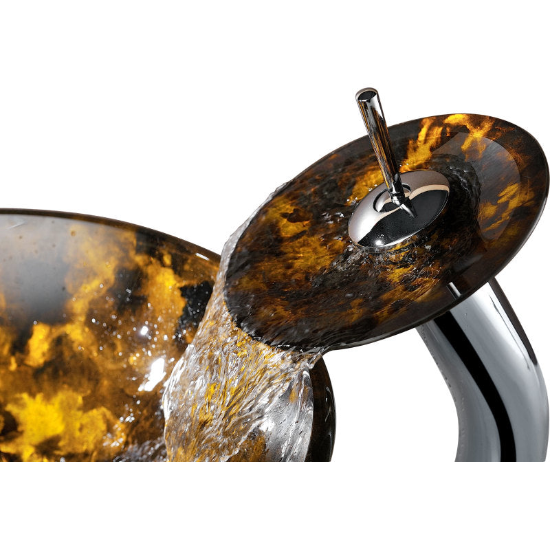 Timbre Series Deco-Glass Vessel Sink in Kindled Amber with Matching Chrome Waterfall Faucet