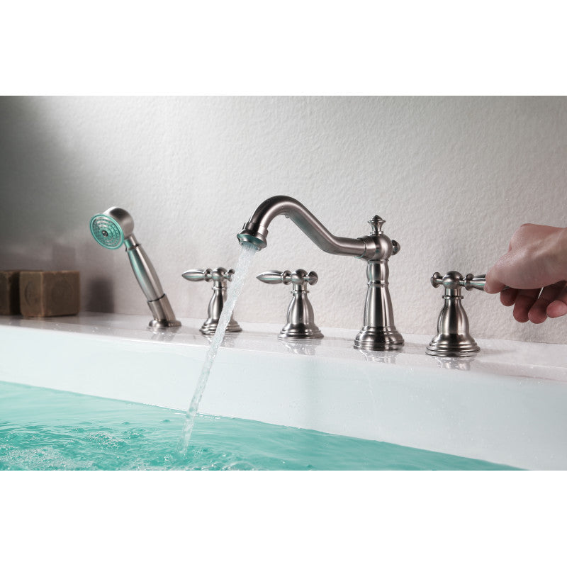Patriarch 2-Handle Deck-Mount Roman Tub Faucet with Handheld Sprayer in Brushed Nickel