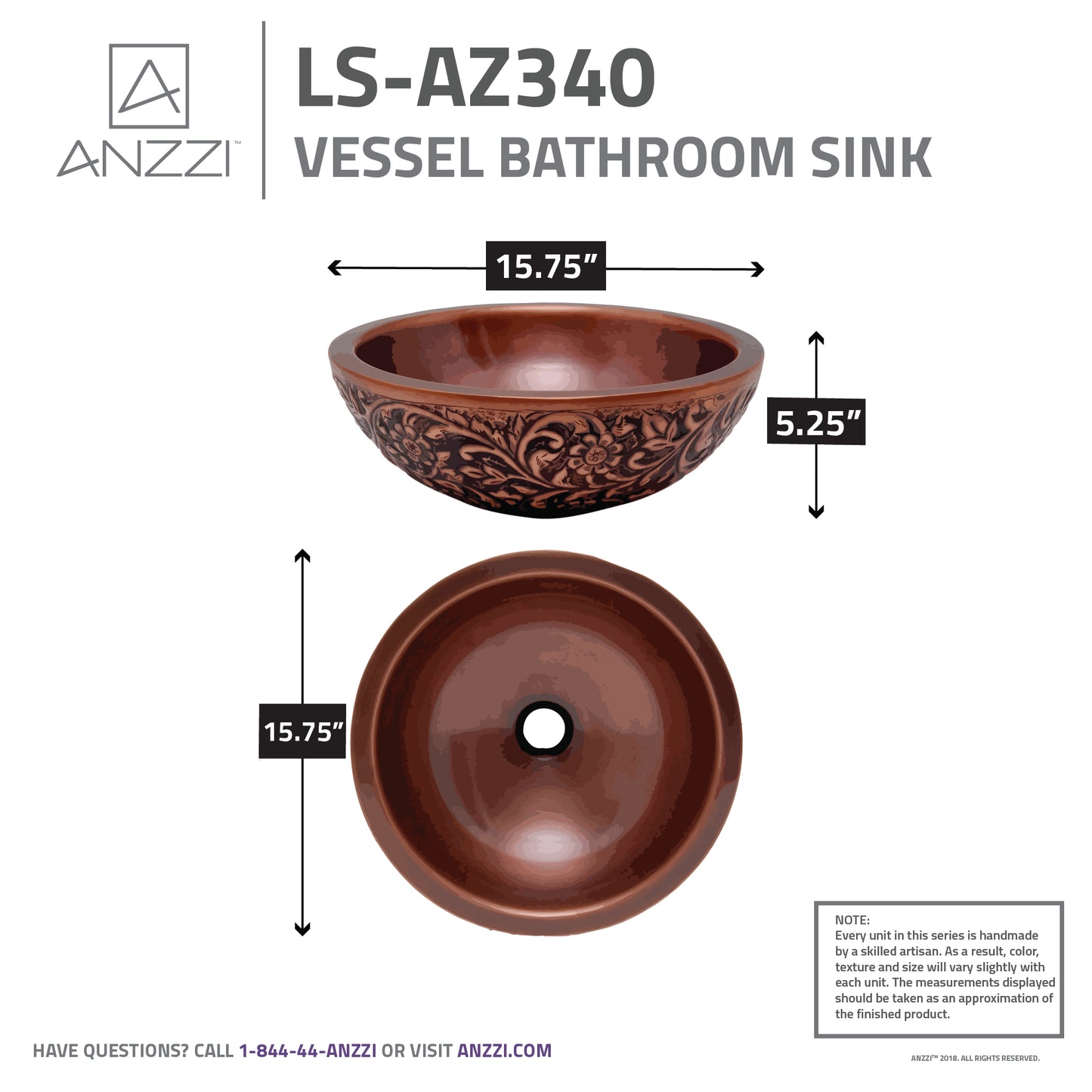 Anchor 16 in. Handmade Vessel Sink in Polished Antique Copper with Floral Design Exterior