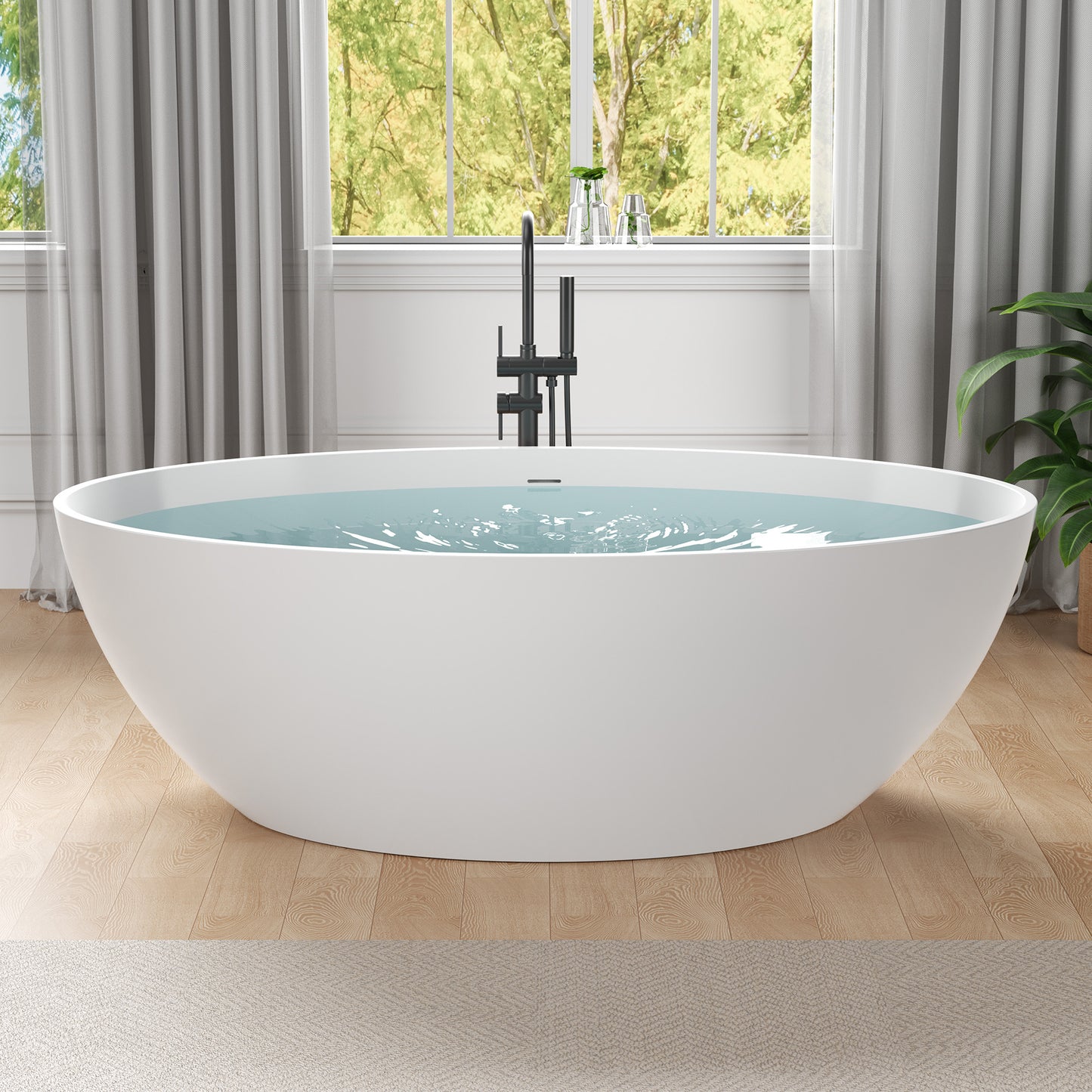 Cestino Series 67 in. x 36 in. Flat Bottom Solid Surface Freestanding Soaking Bathtub with Center Drain in Matte White