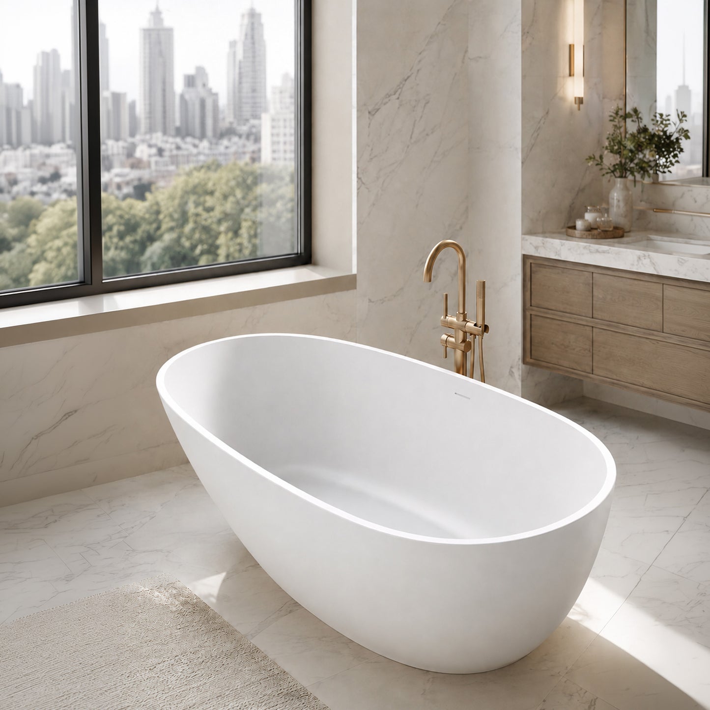 Makot 5.6 ft. Man-Made Stone Center Drain Freestanding Bathtub in Matte White