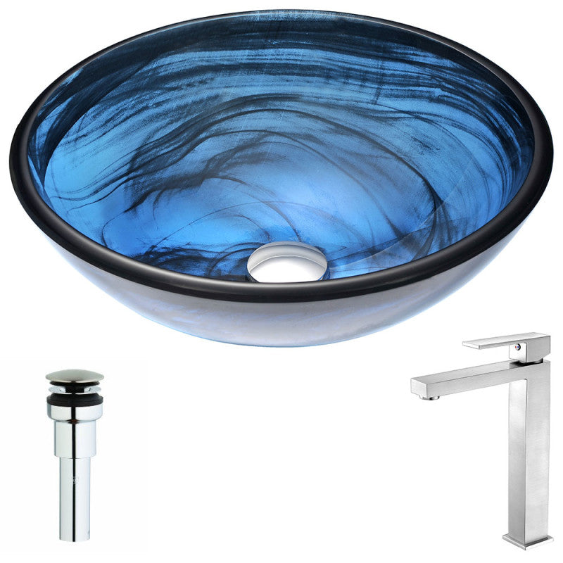 LSAZ048-096B - Soave Series Deco-Glass Vessel Sink in Sapphire Wisp with Enti Faucet in Brushed Nickel