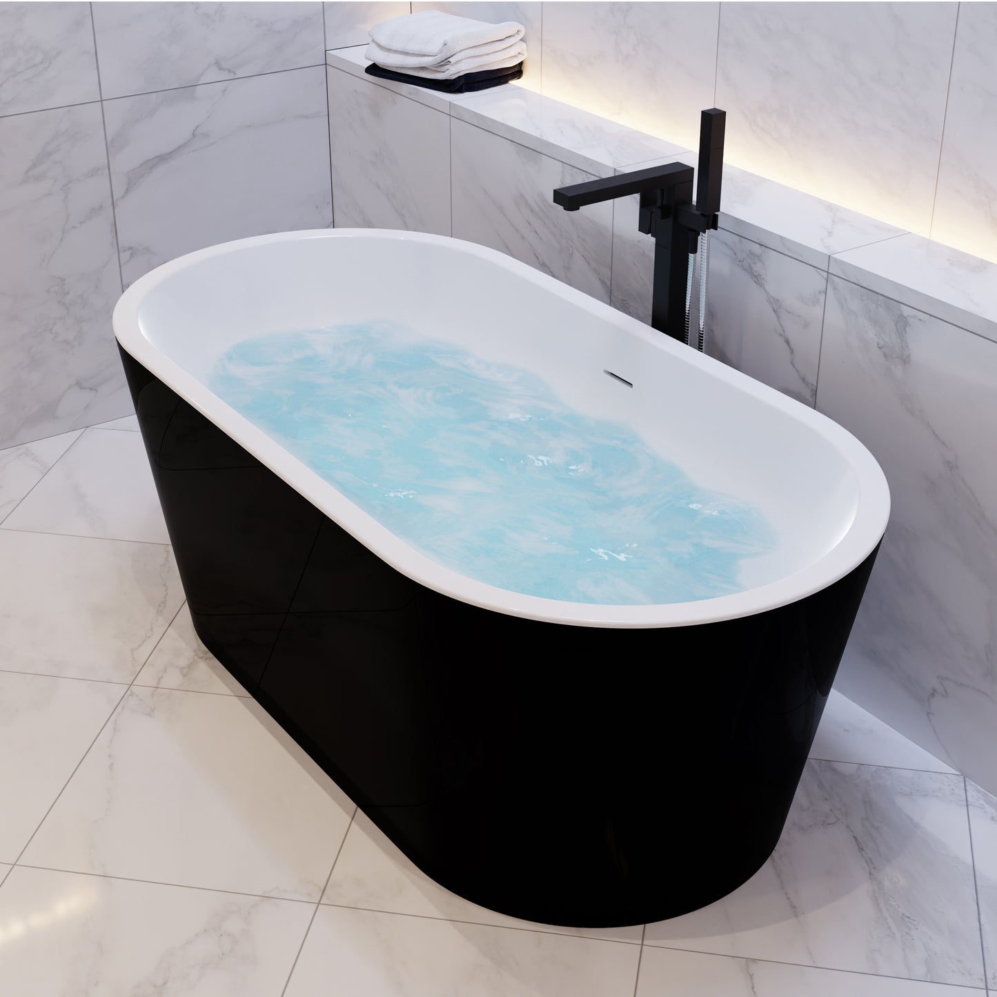Chand Series 67 in. x 32 in. Flat Bottom Acrylic Freestanding Soaking Bathtub with Center Drain in Glossy Black