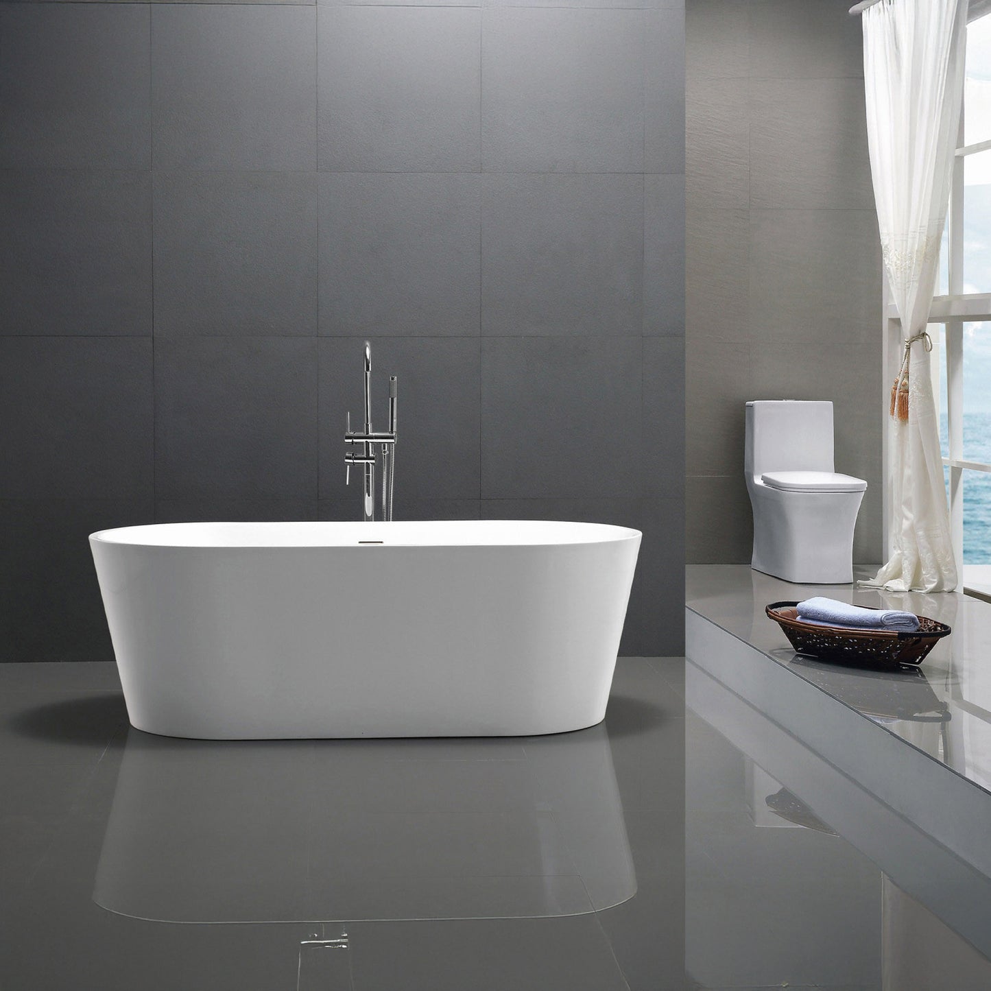 Chand Series 67 in. x 32 in. Flat Bottom Acrylic Freestanding Soaking Bathtub with Center Drain in Glossy White