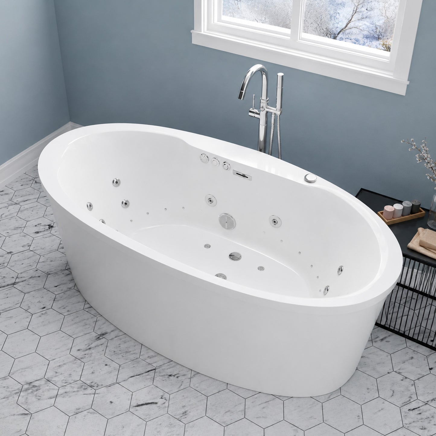 Heidi Series 67 in. x 34 in. Acrylic Combination 50 Gallon Capacity Freestanding Bathtub with Center Drain in White