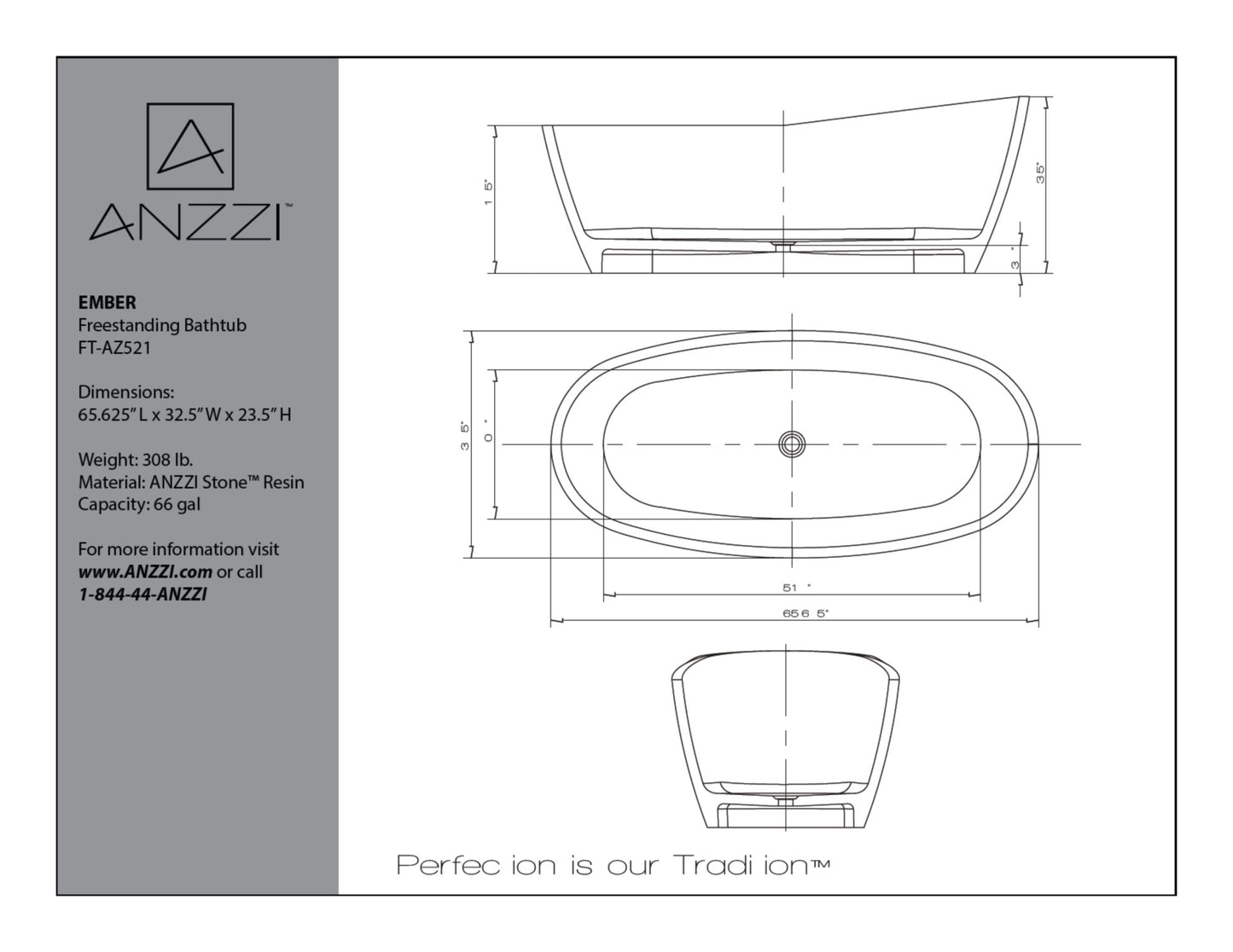 Ember 5.4 ft. Solid Surface Center Drain Freestanding Bathtub in Regal Blue