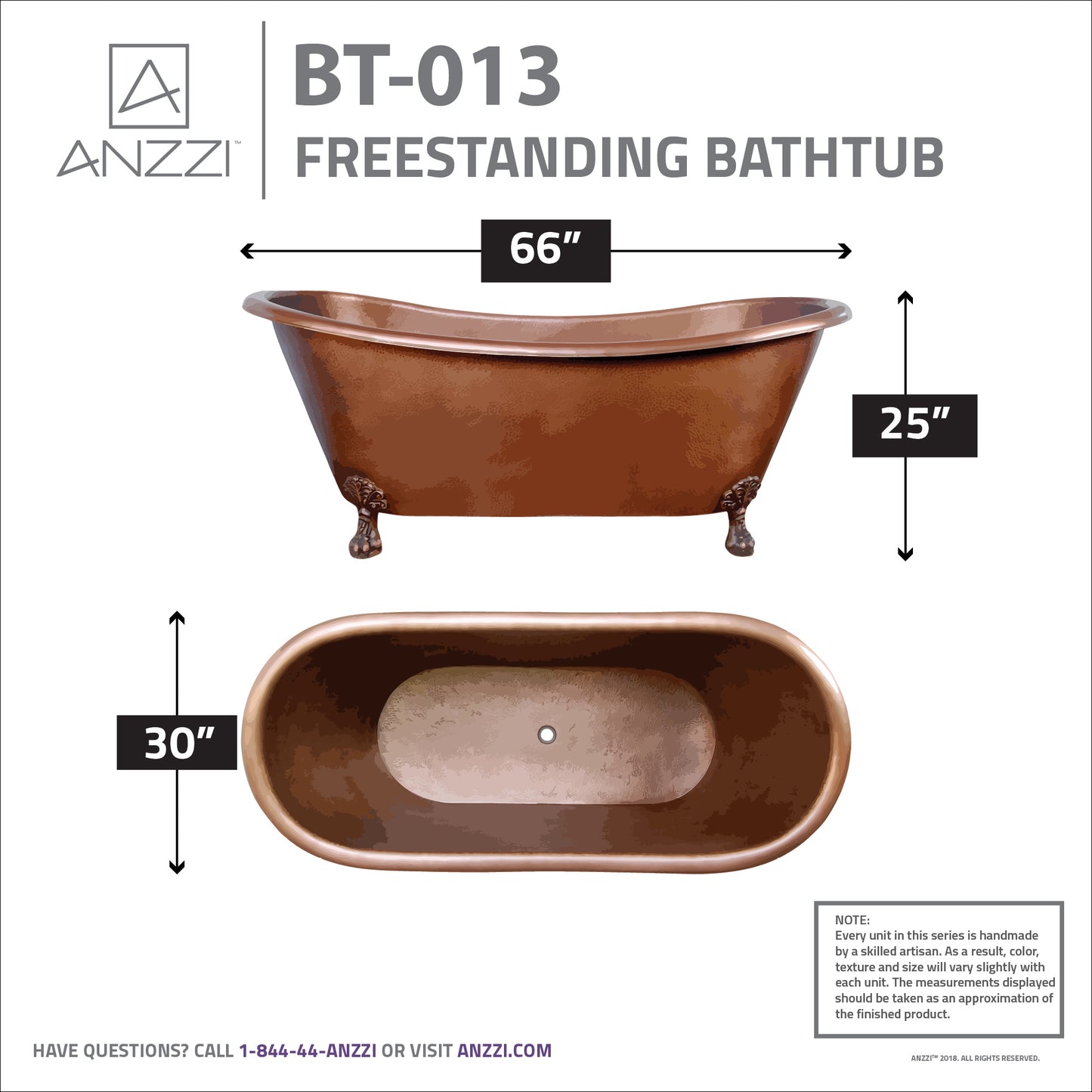 Aeris 66 in. Handmade Copper Double Slipper Clawfoot Non-Whirlpool Bathtub in Hammered Antique Copper