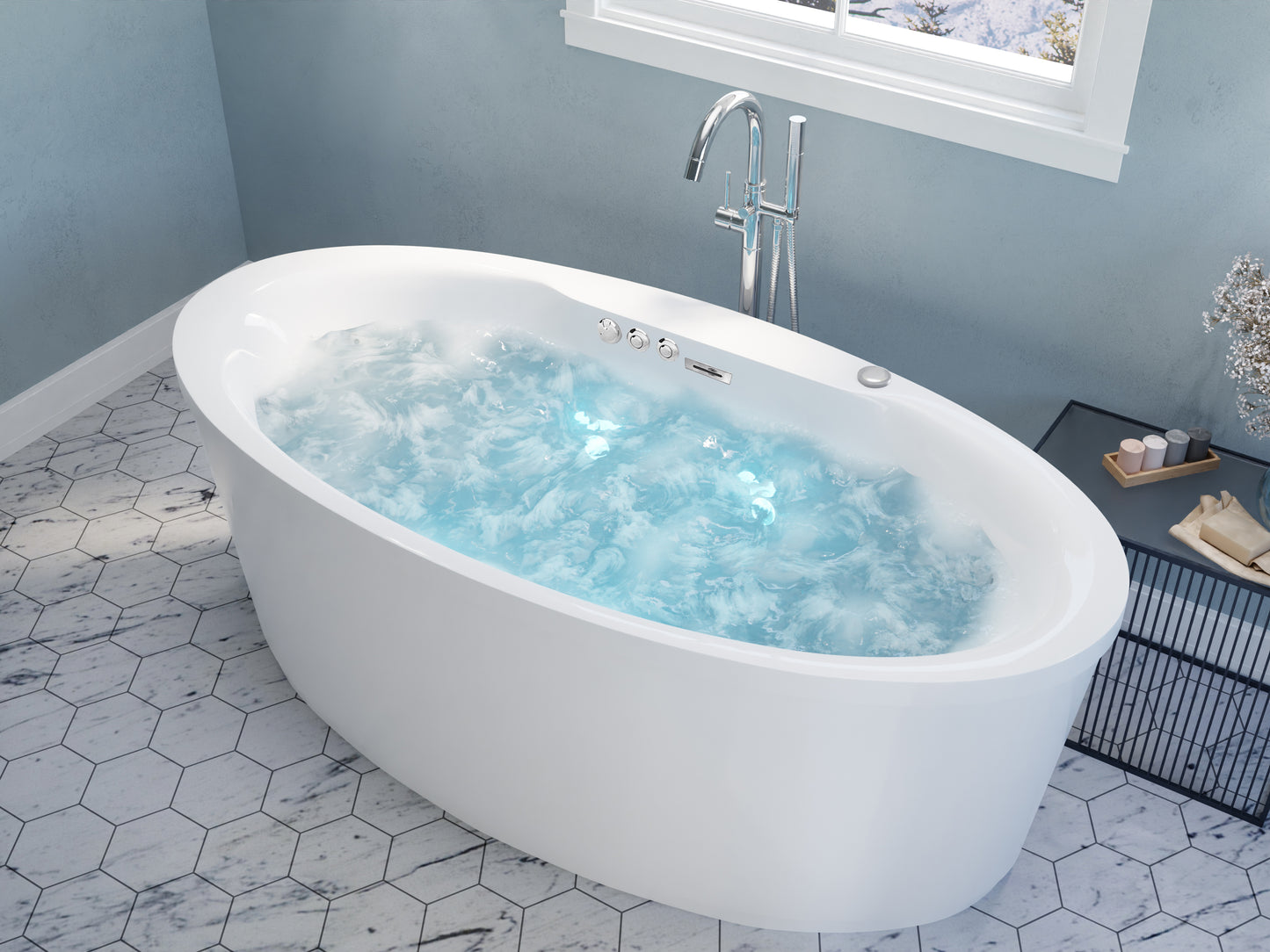 Heidi Series 67 in. x 34 in. Acrylic Combination 50 Gallon Capacity Freestanding Bathtub with Center Drain in White