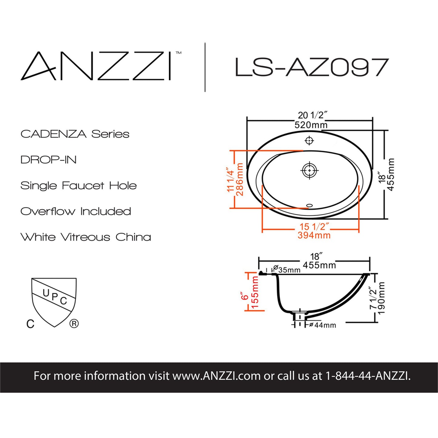 Cadenza Series 20.5 in. Ceramic Drop In Sink Basin in White