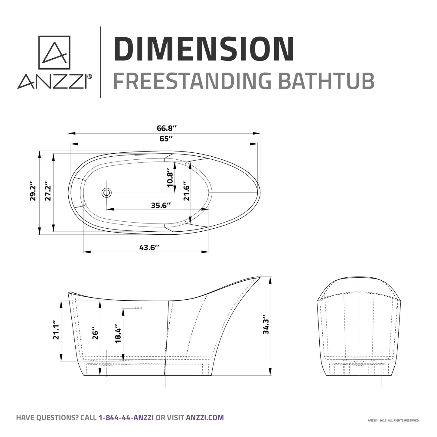 Tuasavi Series 68 in. x 29 in. Flat Bottom Solid Surface Freestanding Soaking Bathtub with Center Drain in Matte White
