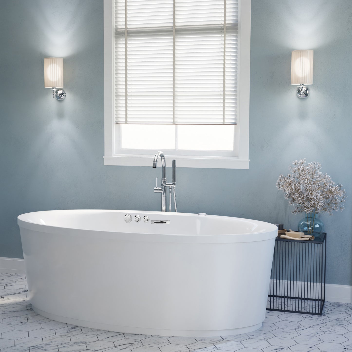 Heidi Series 67 in. x 34 in. Acrylic Combination 50 Gallon Capacity Freestanding Bathtub with Center Drain in White
