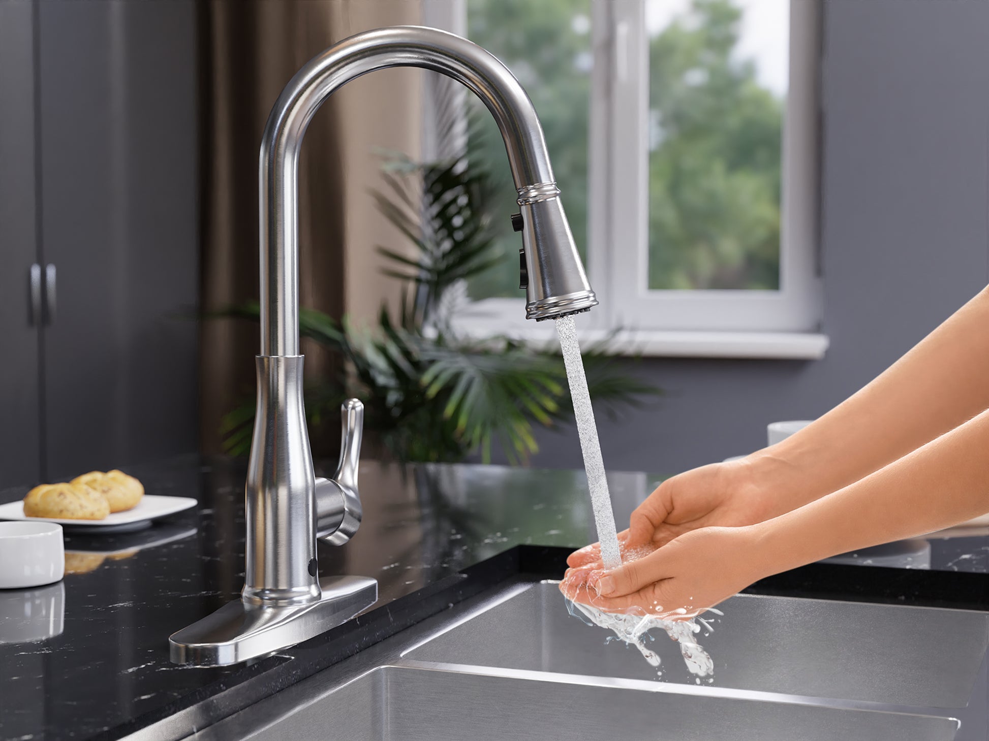 KF-AZ301SS - Sifo Hands Free Touchless 1-Handle Pull-Down Sprayer Kitchen Faucet with Motion Sense and Fan Sprayer in Stainless Steel