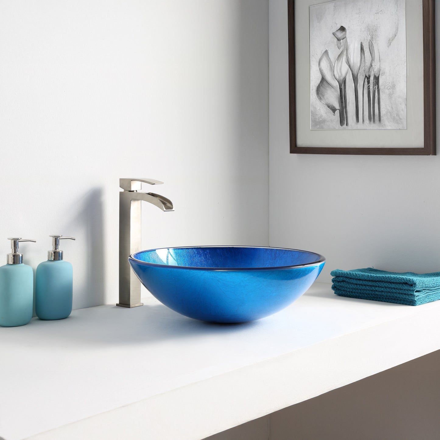Clavier Series 17 in. Bathroom Vessel Sink with Scratch-Tough and Stain-Resistant Surface in Lustrous Blue Glass
