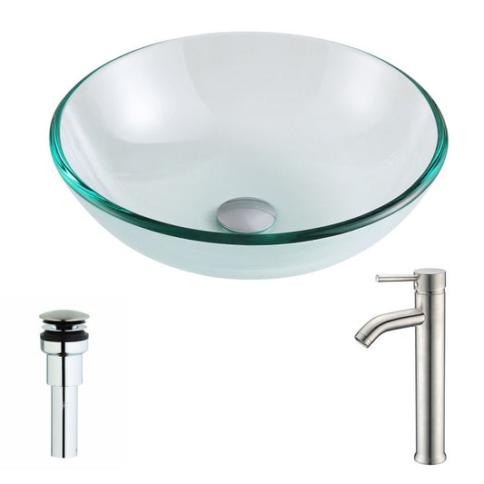 LSAZ087-040 - Etude Series Deco-Glass Vessel Sink in Lustrous Clear with Fann Faucet in Brushed Nickel