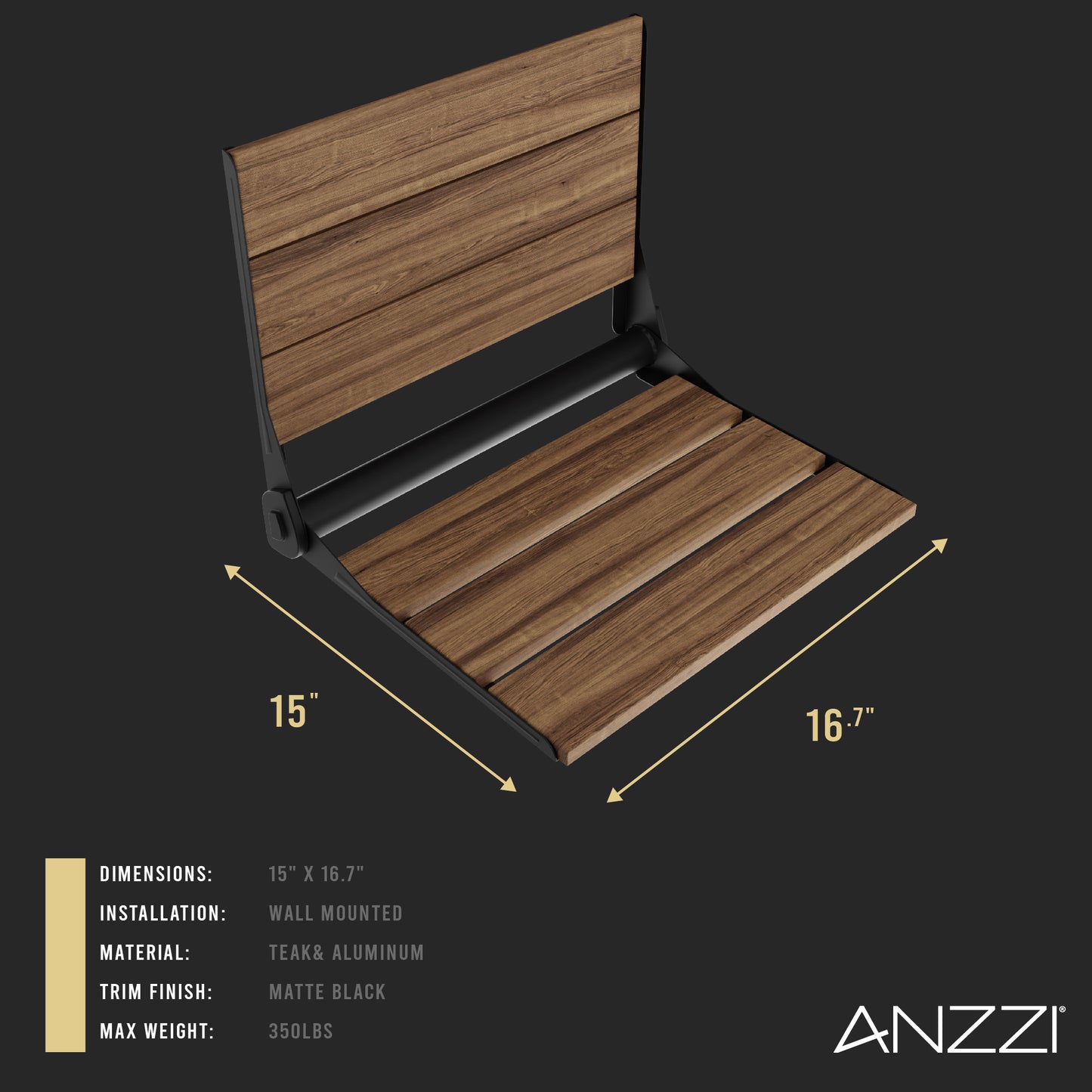 Saxon 17 in. Teak Wall Mounted Folding Shower Seat