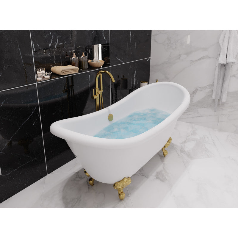 Falco 5.8 ft. Claw Foot One Piece Acrylic Freestanding Soaking Bathtub in Glossy White with Brushed Gold Feet