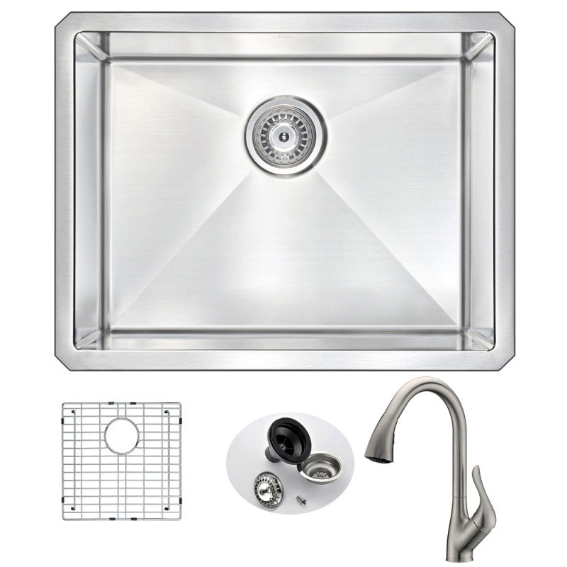 KAZ2318-031B - VANGUARD Undermount 23 in. Single Bowl Kitchen Sink with Accent Faucet in Brushed Nickel