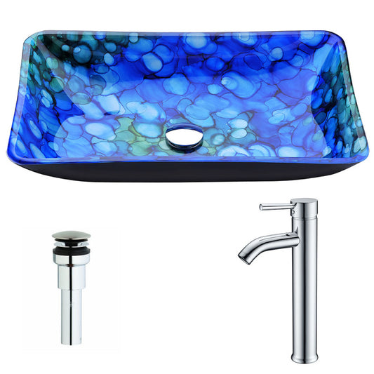 Voce Series Deco-Glass Vessel Sink in Lustrous Blue with Fann Faucet in Chrome