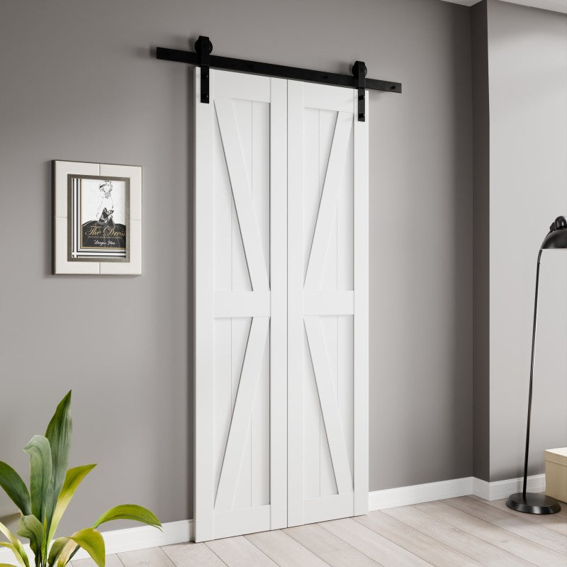 Waitomo Series 18 in. x 84 in. Pure White Finish MDF Interior Folding Barn Door with Hardware Kit in Matte Black