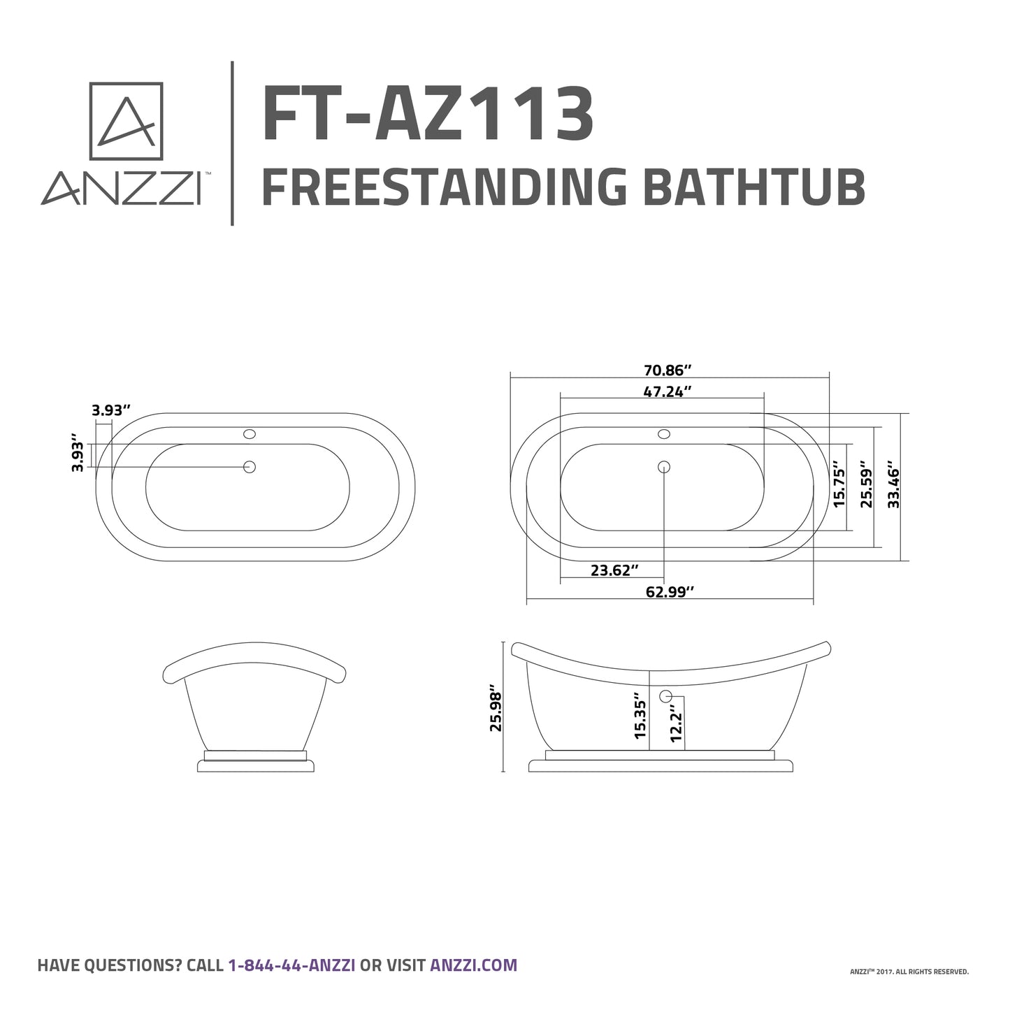 Ruby Series 71 in. x 33 in. Flat Bottom Acrylic Freestanding Soaking Bathtub with Center Drain in Glossy White