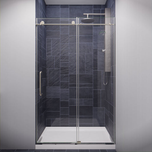 SD-AZ8077-01BN - Leon Series 48 in. by 76 in. Frameless Sliding Shower Door in Brushed Nickel with Handle