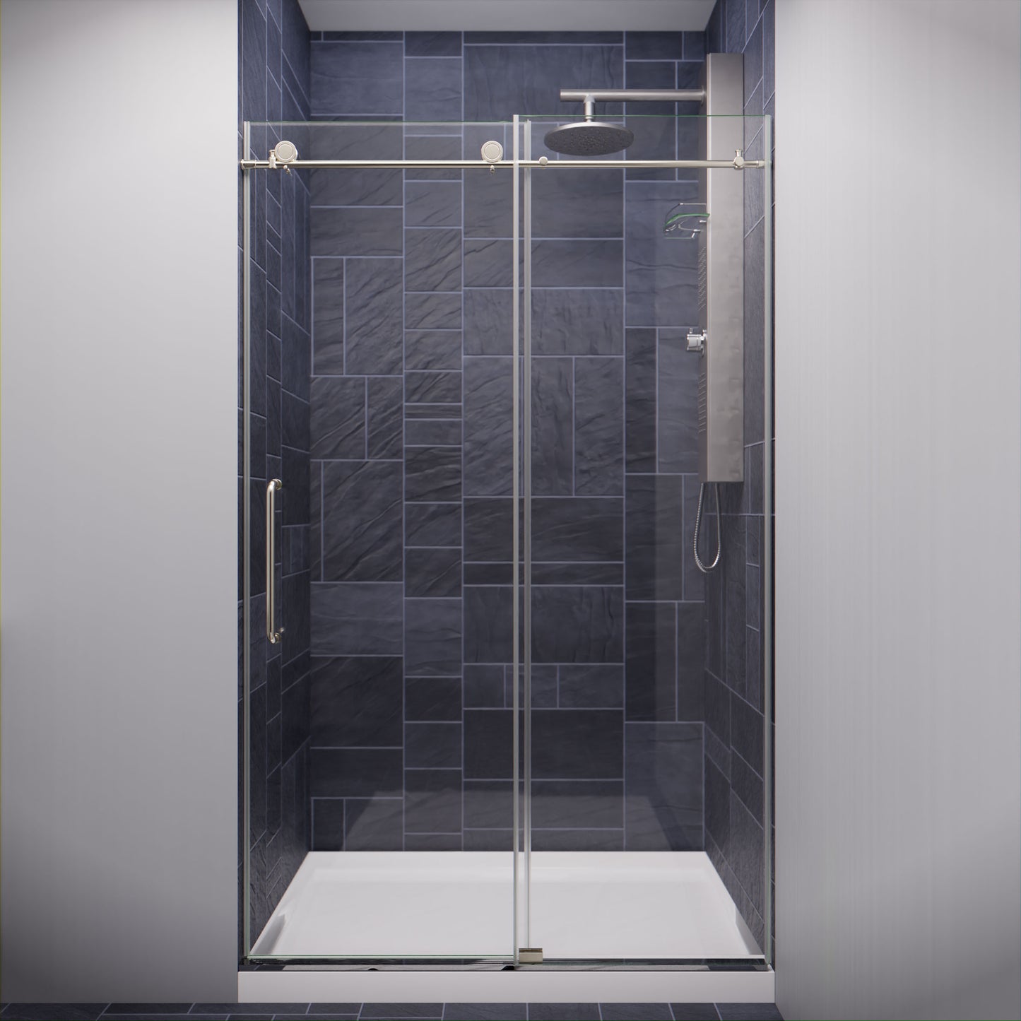 Leon Series 48 in. by 76 in. Frameless Sliding Shower Door with Handle