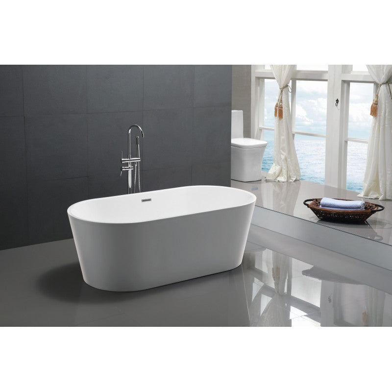 Chand Series 55 in. x 30 in. Flat Bottom Acrylic Freestanding Soaking Bathtub with Center Drain in Glossy White