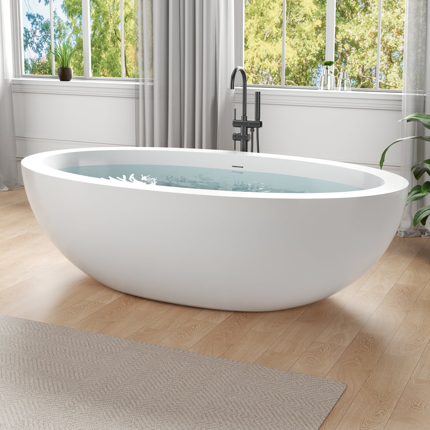 Lusso Series 76 in. x 41 in. Flat Bottom Solid Surface Freestanding Soaking Bathtub with Center Drain in Matte White