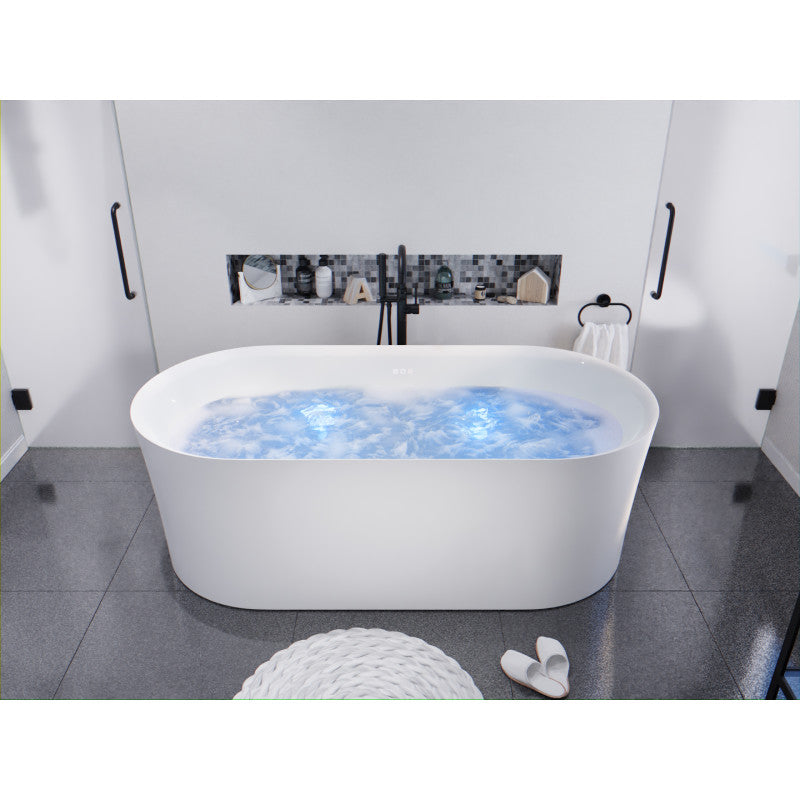 Jericho Series 67 in. x 32 in. Flat Bottom Acrylic Freestanding Air Jetted Bathtub with Center Drain in Glossy White