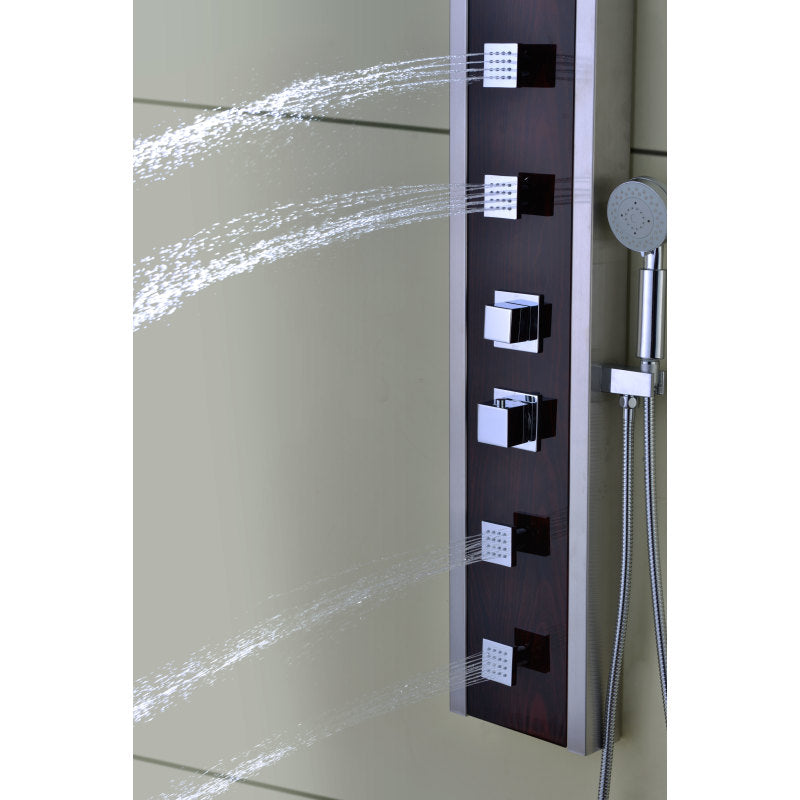 Monsoon 57 in. 4-Jetted Full Body Shower Panel with Heavy Rain Shower and Spray Wand in Mahogany Style Deco-Glass