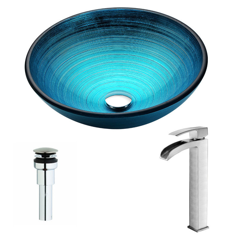 LSAZ045-097B - Enti Series Deco-Glass Vessel Sink in Lustrous Blue with Key Faucet in Brushed Nickel