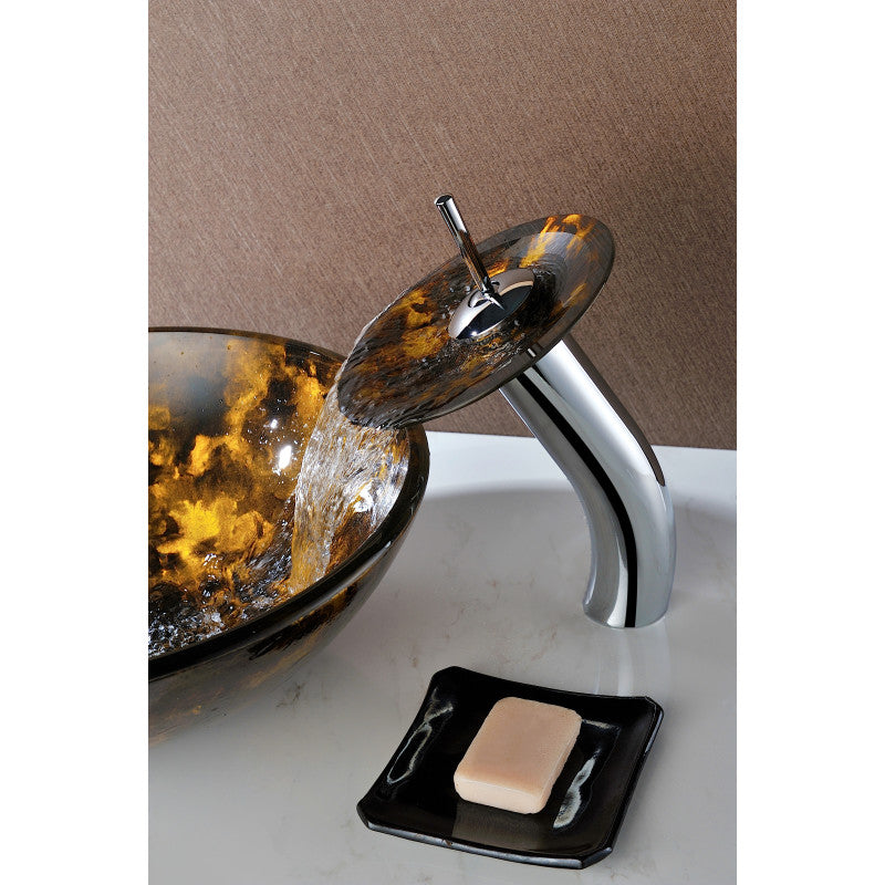 Timbre Series 17 in. Round Bathroom Vessel Sink in Kindled Amber Finish Glass with Matching Chrome Waterfall Faucet