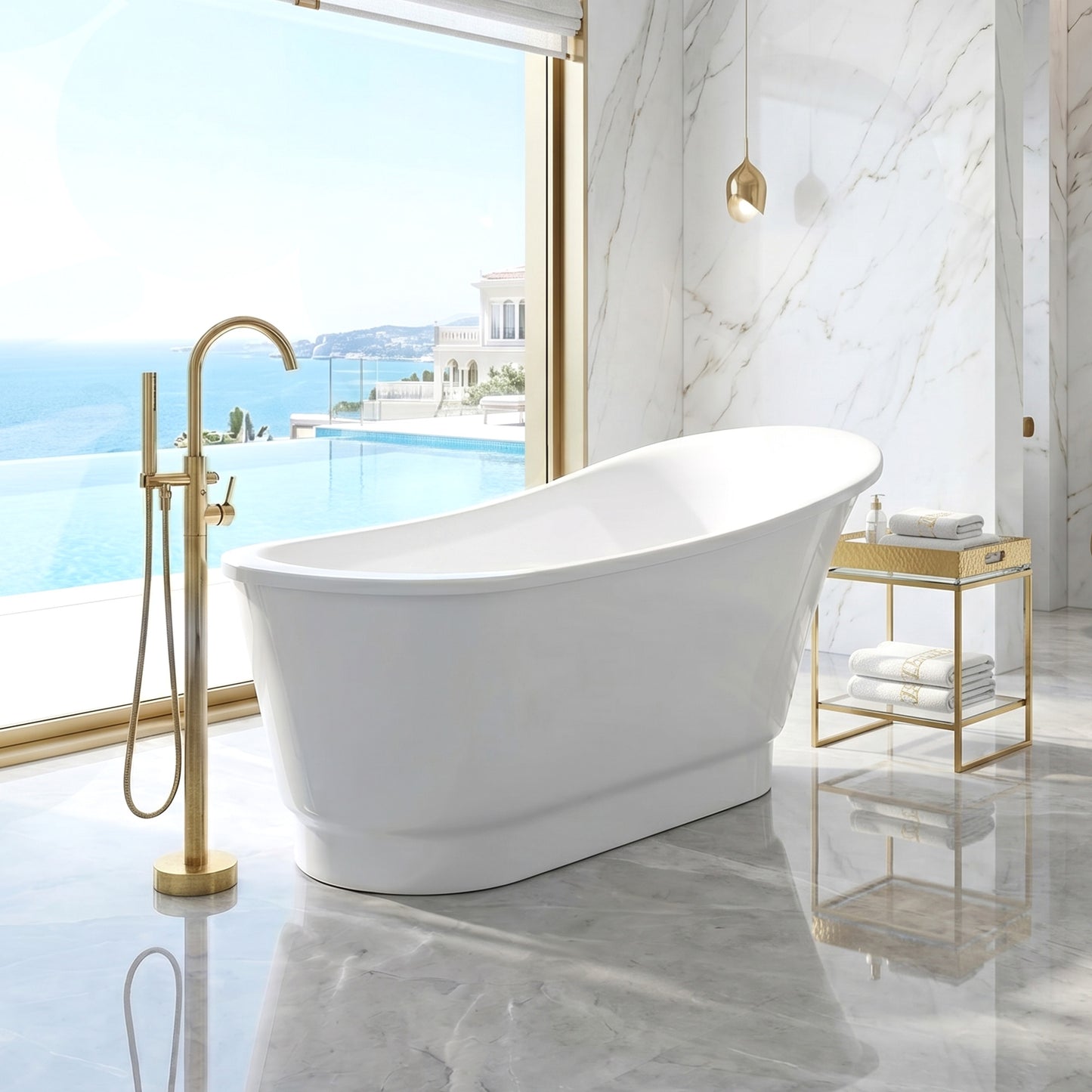Prima Series 67 in. x 31 in. Flat Bottom Acrylic Freestanding Soaking Bathtub with Center Drain in Glossy White