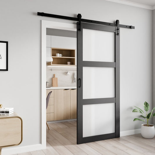 ID-AZBD07 - Sonora Series 36 in. x 84 in. Dark Gray MDF Interior Sliding Barn Door with Frosted Glass and Hardware Kit in Matte Black