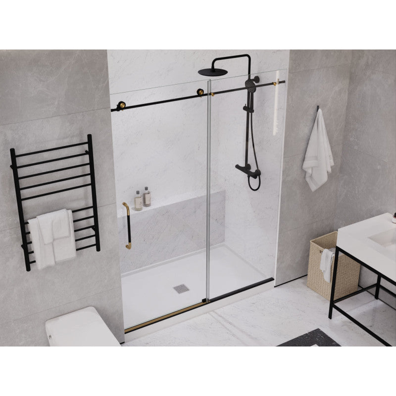 Madam Series 76-in. x 60-in. Frameless Sliding Shower Door in Matte Black and Brushed Gold