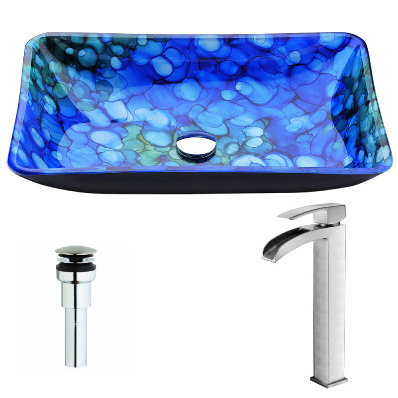 LSAZ040-097B - Voce Series Deco-Glass Vessel Sink in Lustrous Blue with Key Faucet in Brushed Nickel