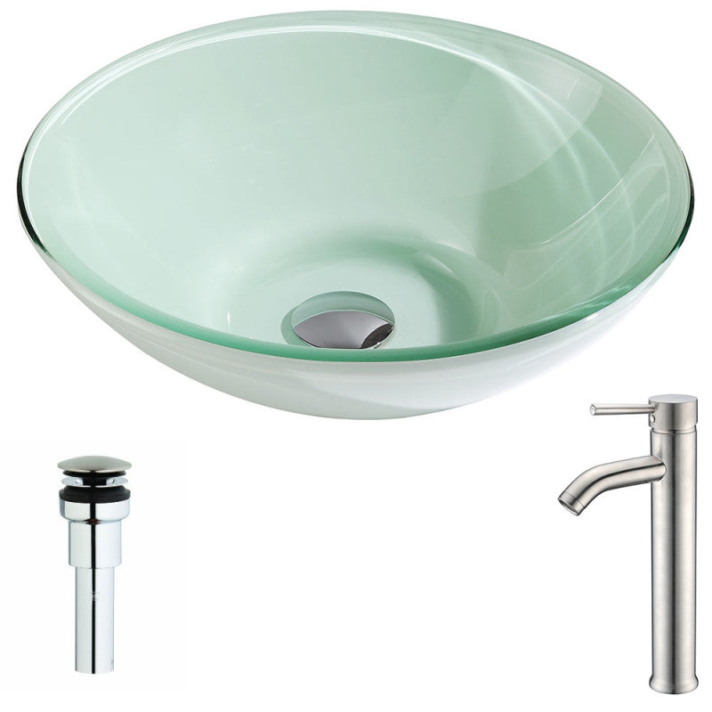 LSAZ083-040 - Sonata Series Deco-Glass Vessel Sink in Lustrous Light Green with Fann Faucet in Brushed Nickel
