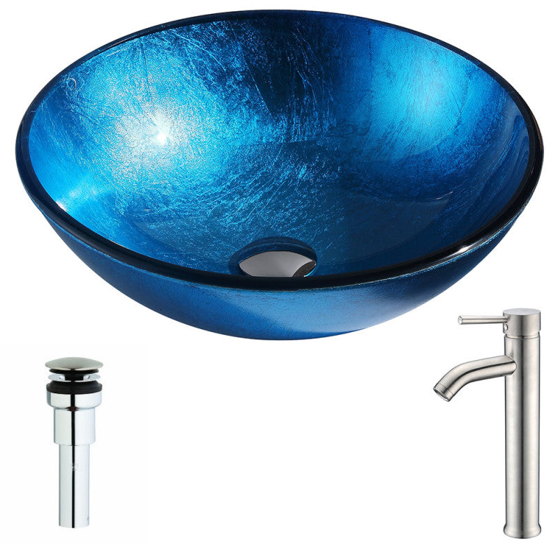 LSAZ078-040 - Arc Series Deco-Glass Vessel Sink in Lustrous Light Blue with Fann Faucet in Brushed Nickel