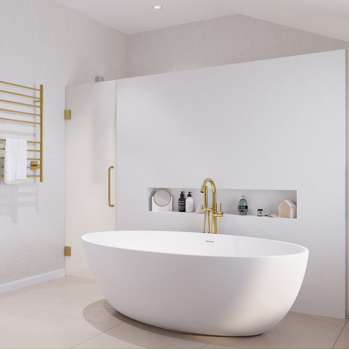 Hangiri 5.5 ft. Solid Surface Center Drain Freestanding Bathtub in Matte White