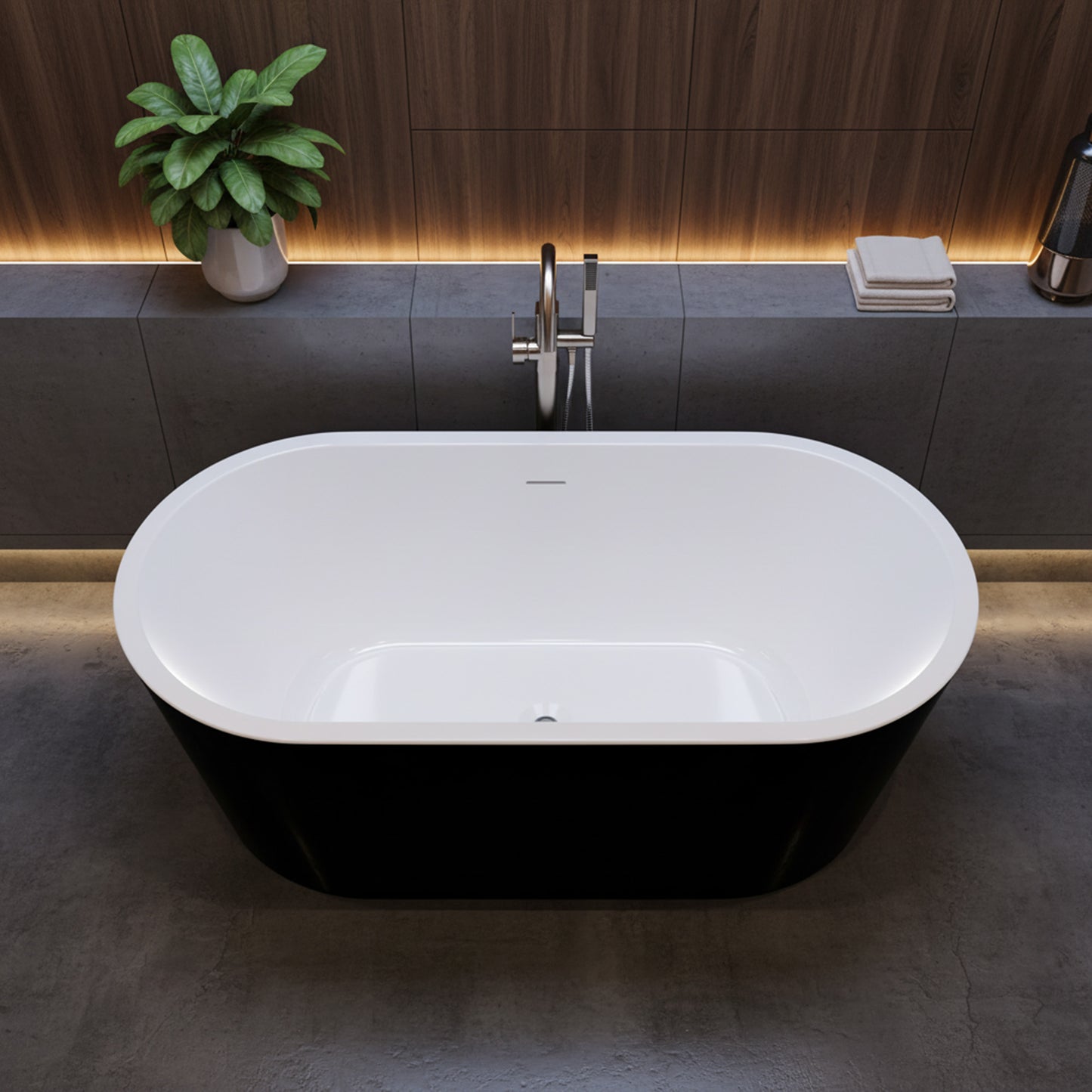 Chand Series 55 in. x 30 in. Flat Bottom Acrylic Freestanding Soaking Bathtub with Center Drain in Glossy Black