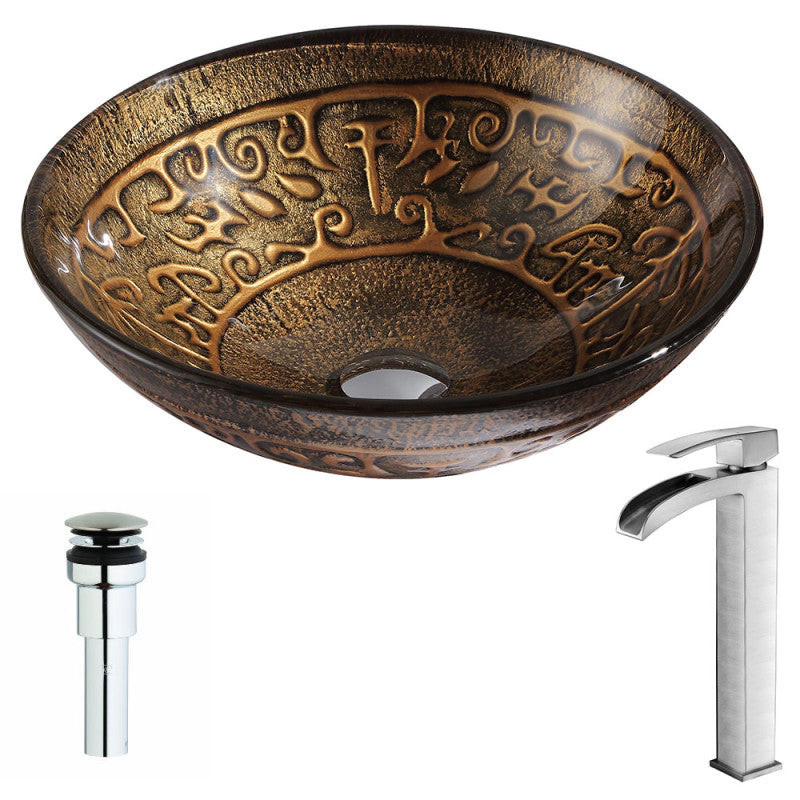 LSAZ079-097B - Alto Series Deco-Glass Vessel Sink in Lustrous Brown with Key Faucet in Brushed Nickel