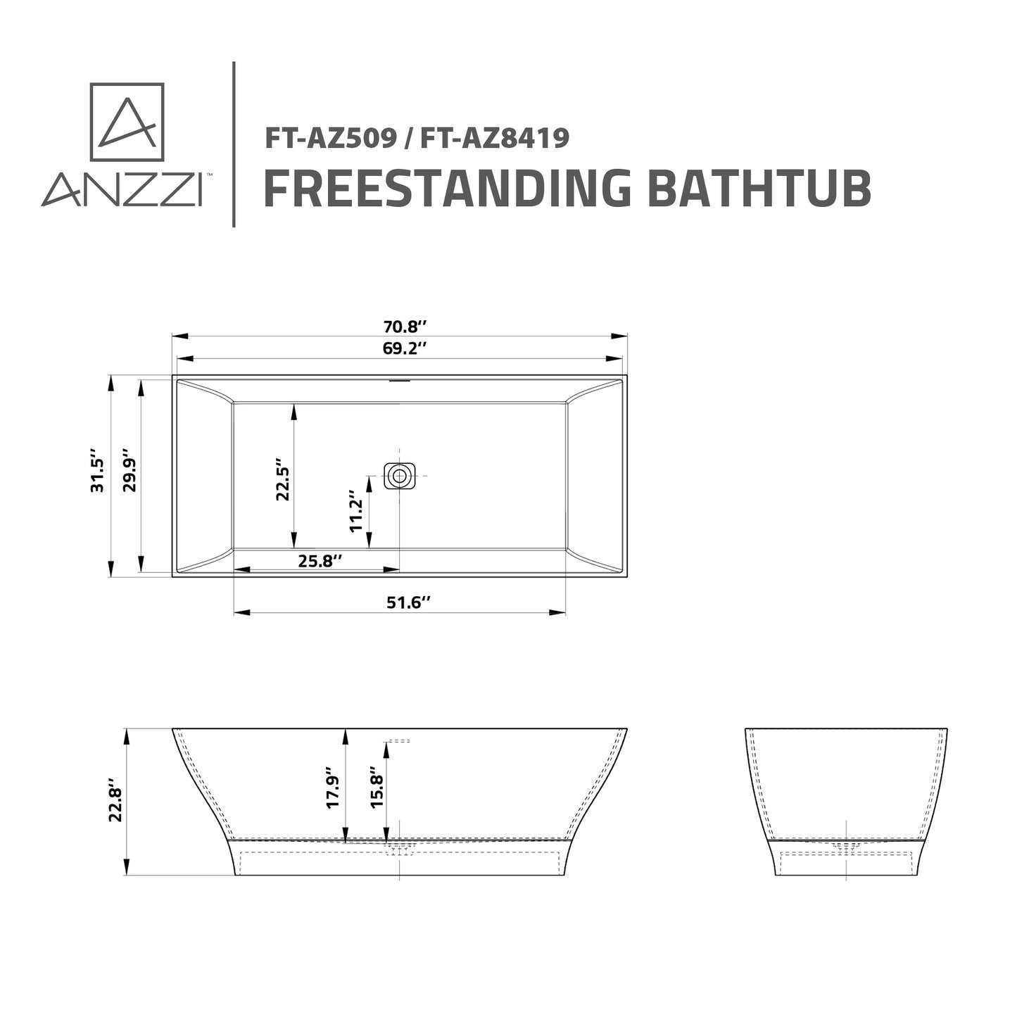 Kayenge Series 71 in. x 32 in. Flat Bottom Solid Surface Freestanding Soaking Bathtub with Center Drain in Matte White